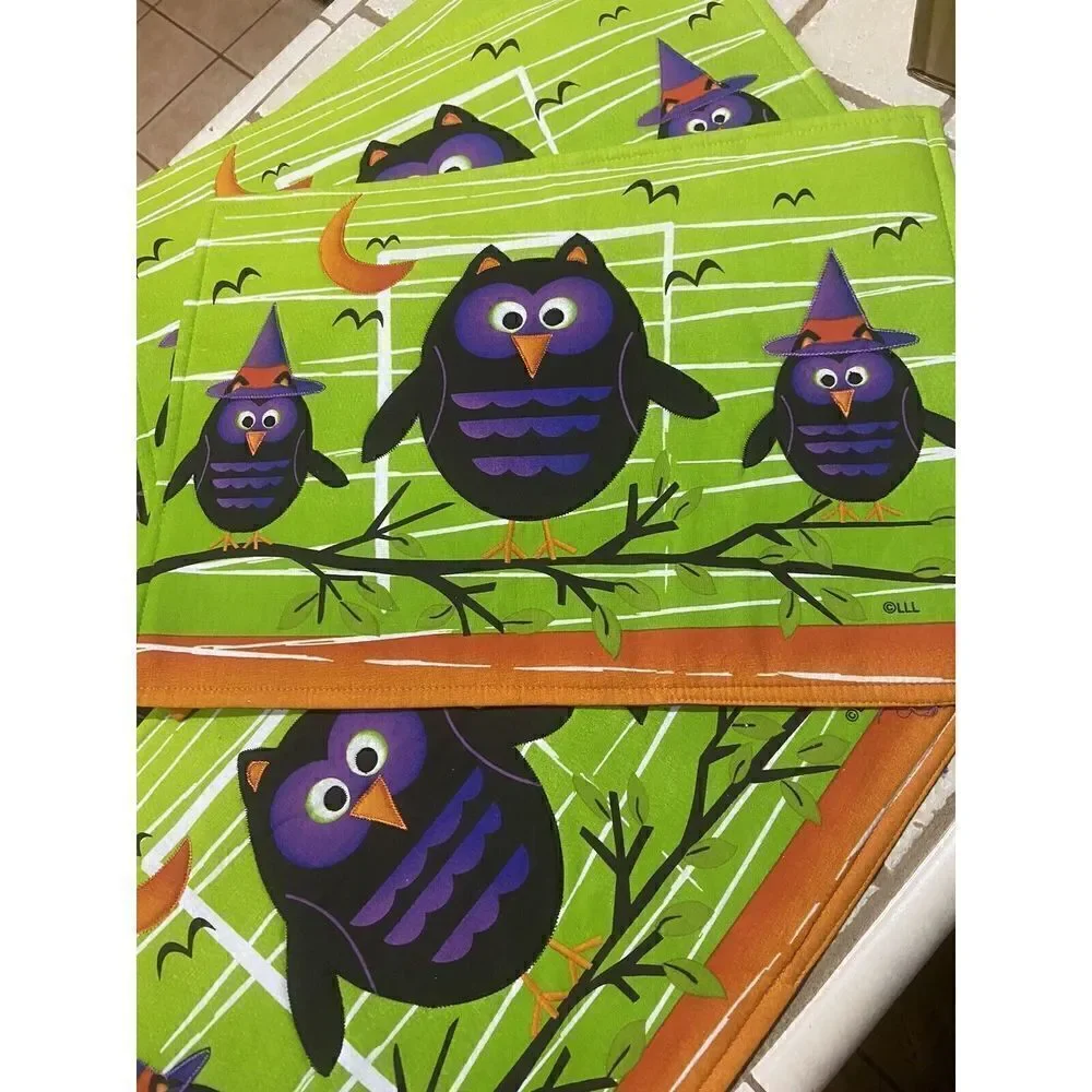 Halloween Placemats Owl Bats, And Owl Witches Black Purple‎ Set Of 6